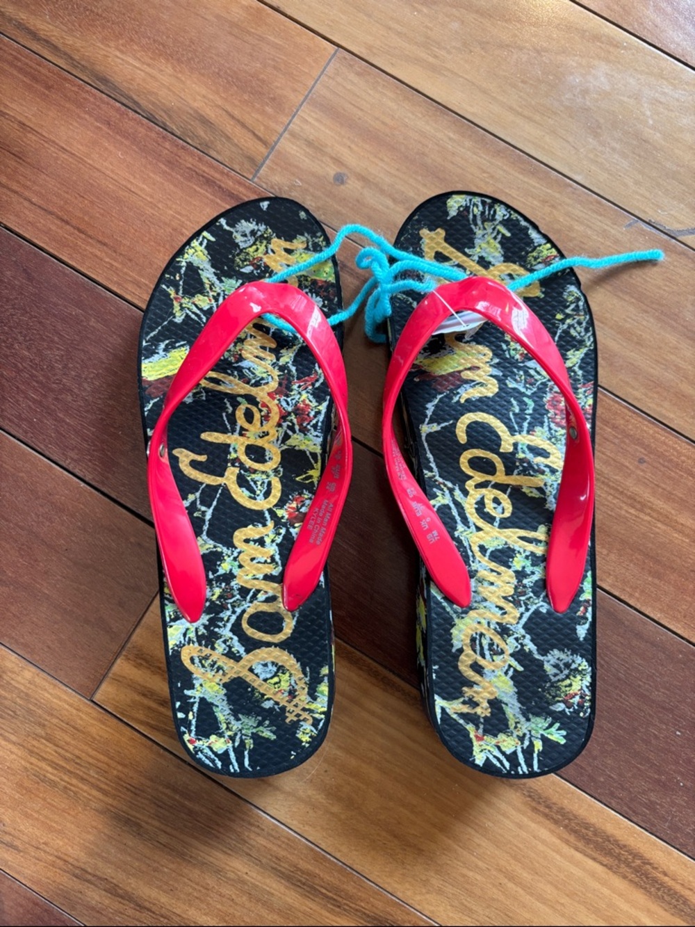 Sam Edelman Women’s Black Sandals with Red Straps and Yellow Script